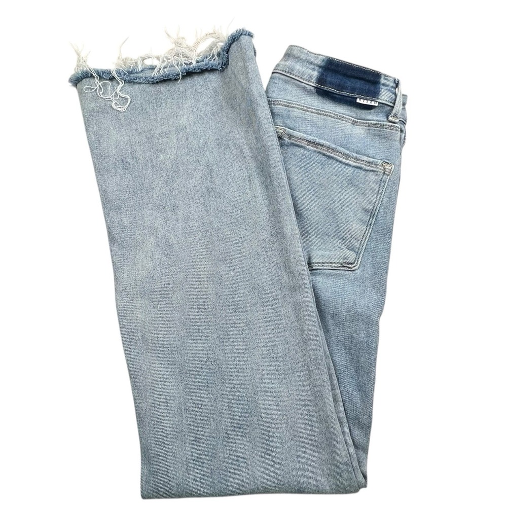 Risen Jeans Womens 5/27 Flare Leg Light Wash Distressed Hem Mid Rise Jeans